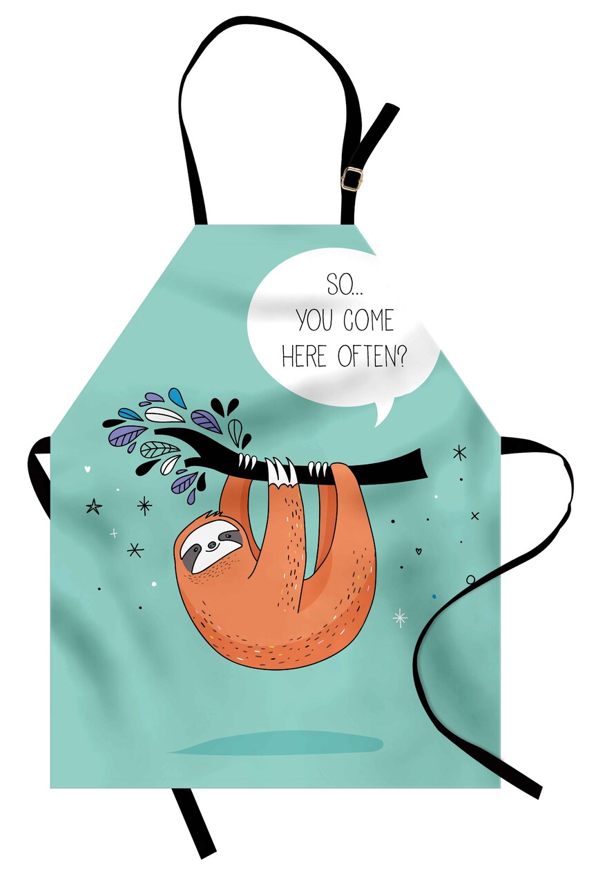 Ambesonne Animal Apron, Cartoon Design Print Sloth a Flirty Words So You Come Here Often Color Image, Unisex Kitchen Bib with Adjustable Neck for Cooking Gardening, Adult Size, Multicolor